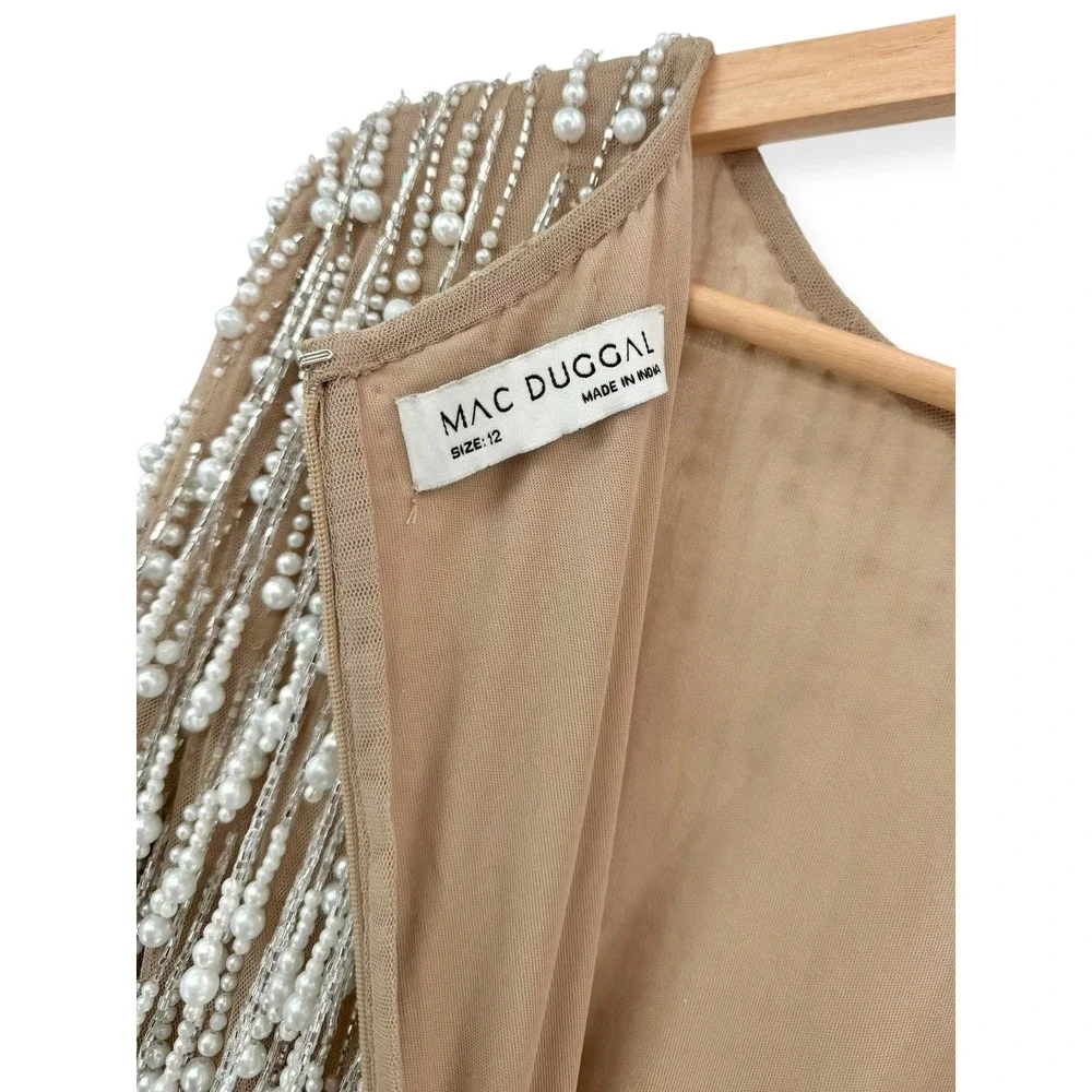 Mac Duggal Beige Long Sleeve Midi Dress With Embellished Fringe $898 - Size‎ 12